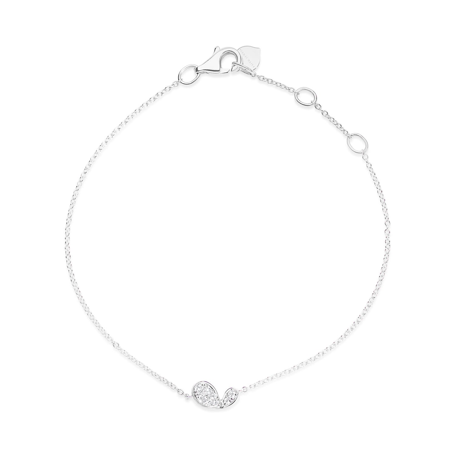 9k white gold diamond bracelet with stylised lily petal motif, adjustable trace chain from Whispers of Love.