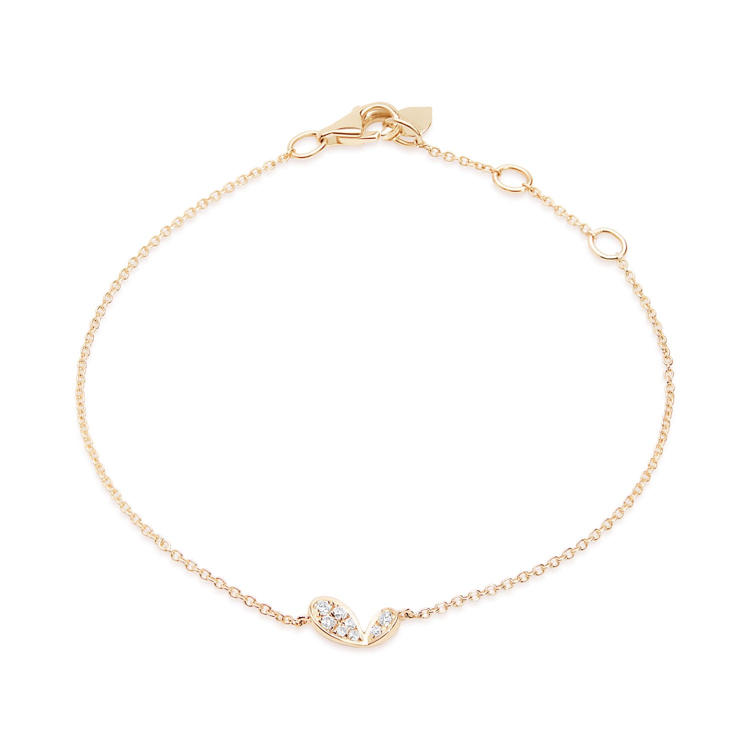 9k yellow gold diamond bracelet with stylised lily petal motif, adjustable trace chain from Whispers of Love.