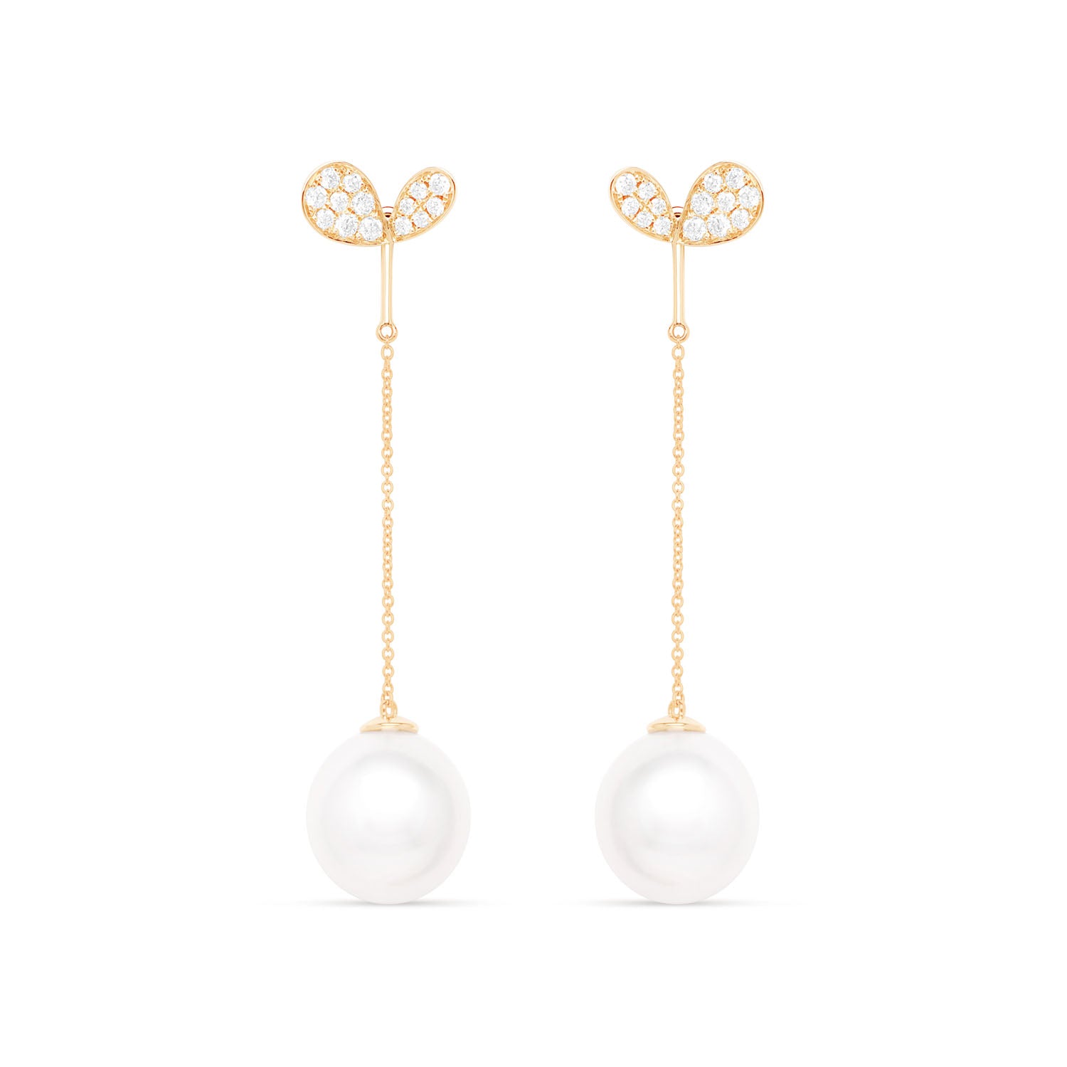 Faith Jewels south Sea pearl drop enhancers on delicate 18k yellow gold chains, paired with stud earrings