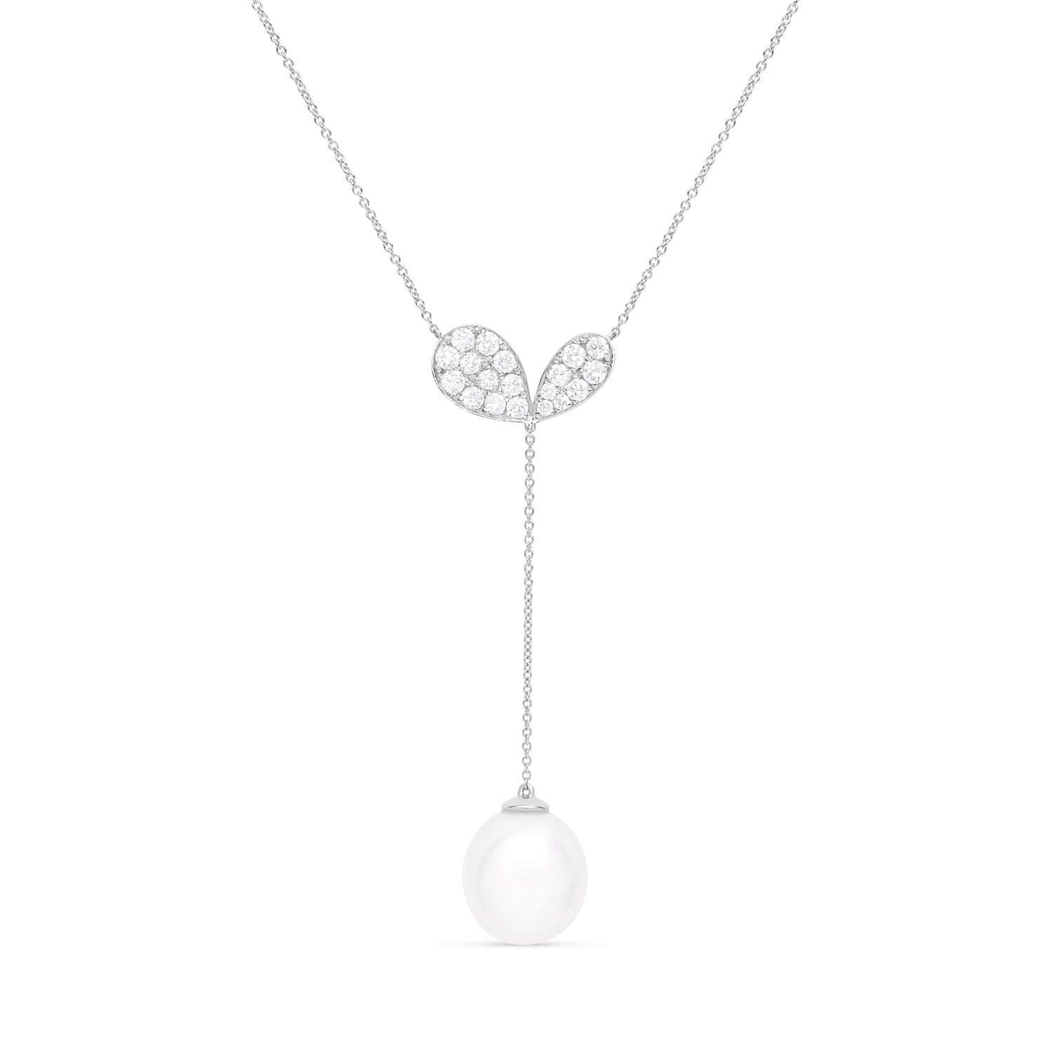 Faith Jewels 18k white gold lariat necklace with pavé diamond lily petal motif (1.00ct) and 5cm drop featuring a rare white Australian South Sea pearl; adjustable chain length of 45cm or 40cm