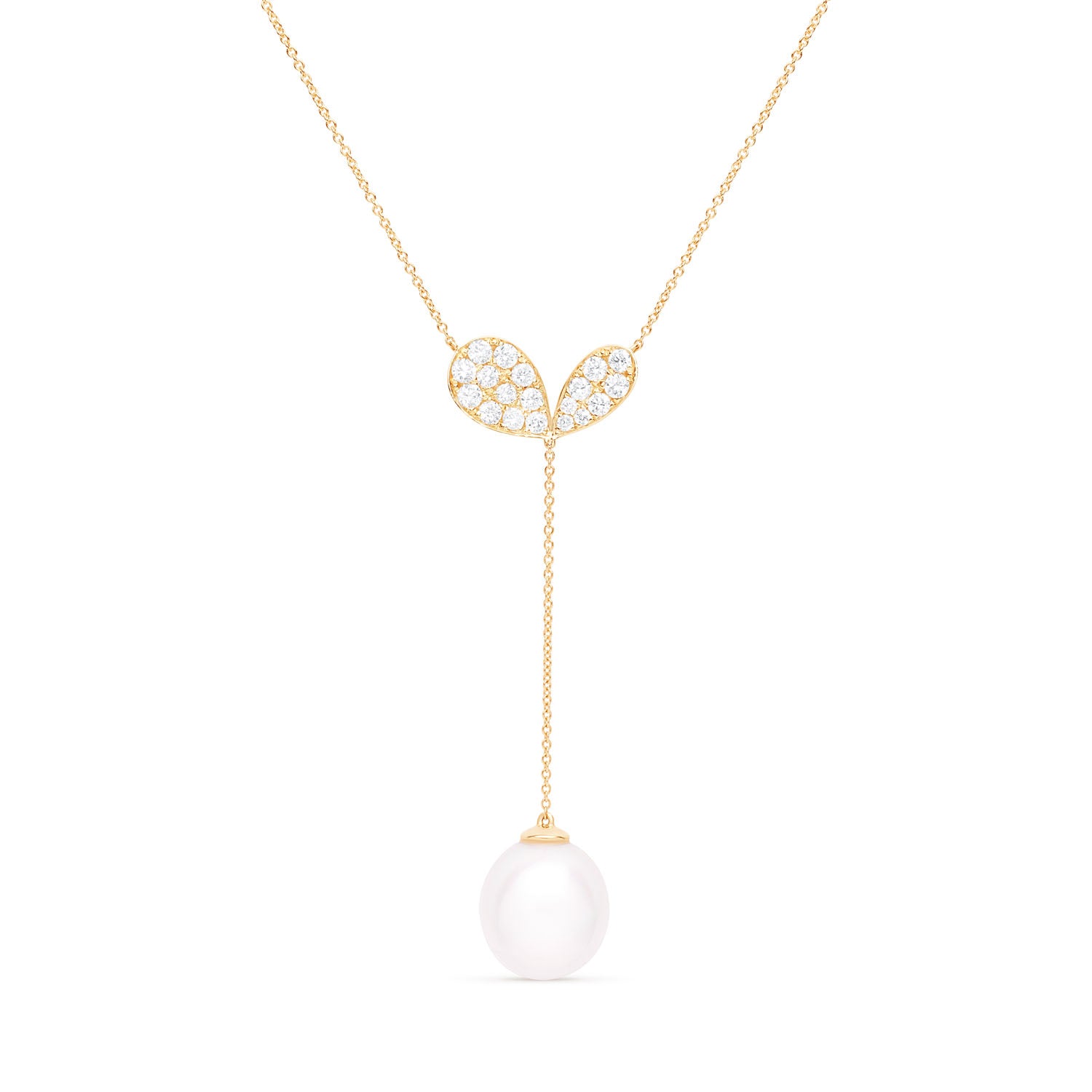 Faith Jewels 18k yellow gold lariat necklace with pavé diamond lily petal motif (1.00ct) and 5cm drop featuring a rare white Australian South Sea pearl; adjustable chain length of 45cm or 40cm