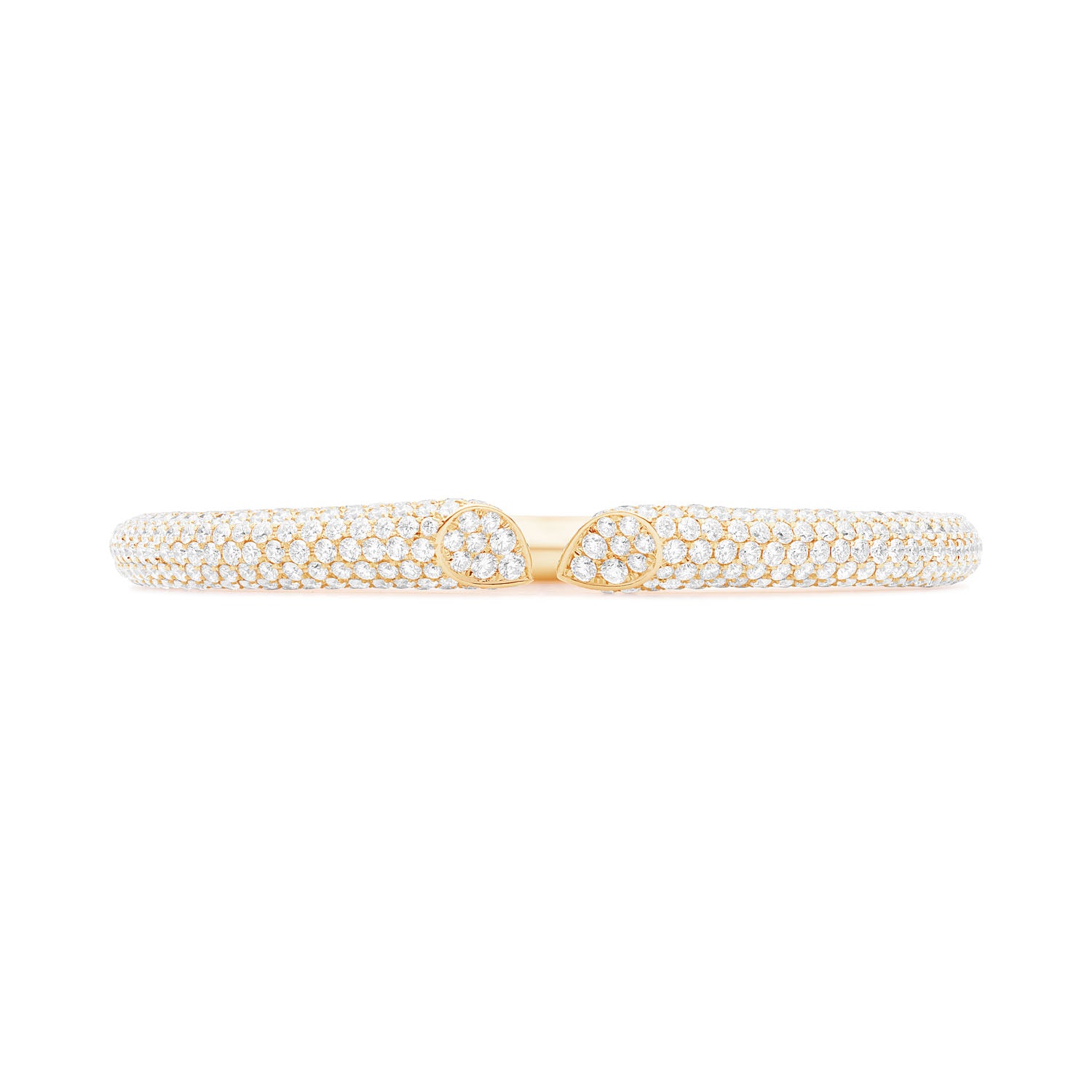 Faith Jewels 18k yellow gold bangle with 6.00ct pavé diamonds, featuring a heart-shaped lily petal design and secure hinge closure