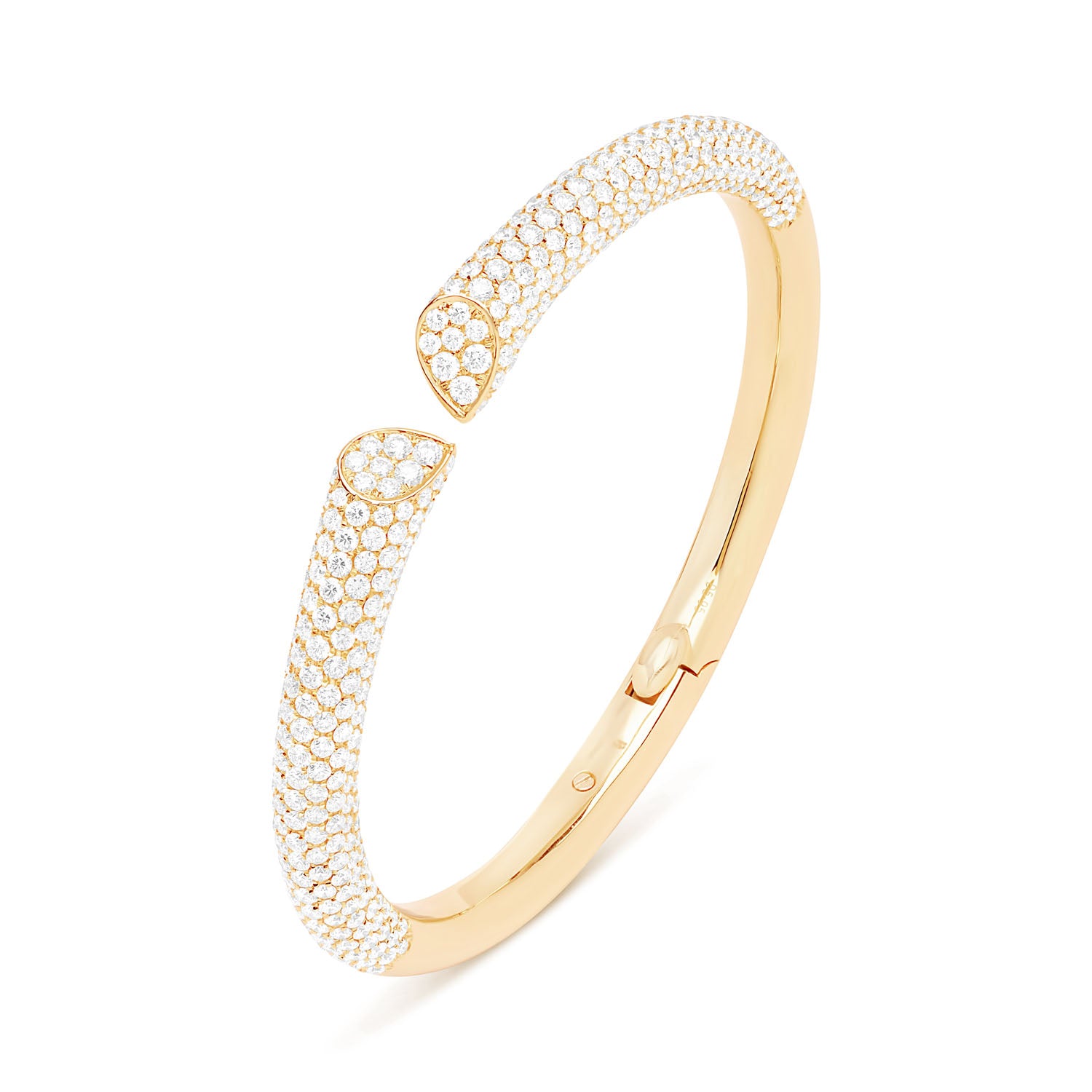 Faith Jewels 18k yellow gold bangle with 6.00ct pavé diamonds, featuring a heart-shaped lily petal design and secure hinge closure