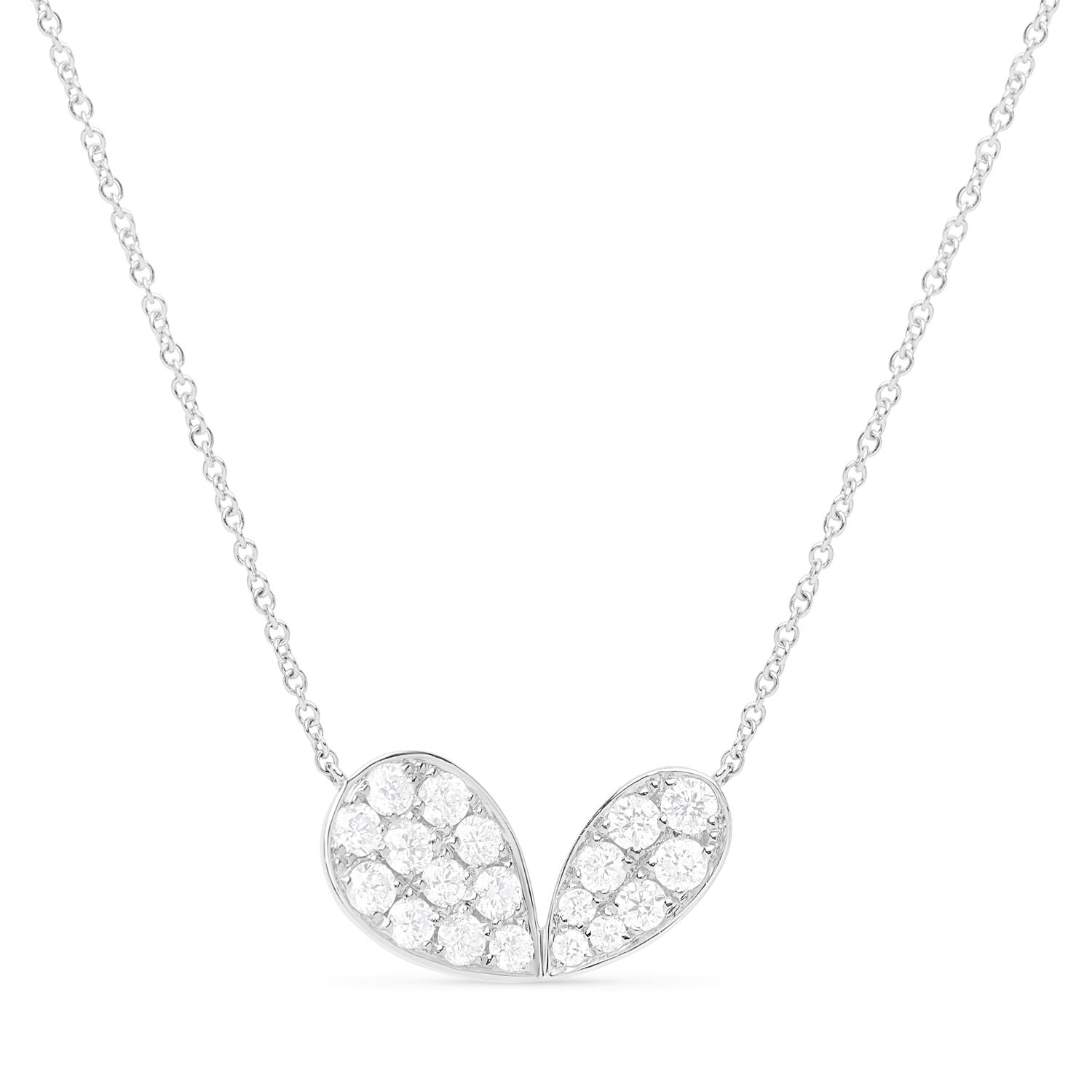 Faith Jewels 18k white gold necklace with a pavé diamond lily petal motif, adjustable chain length of 45cm or 42cm
