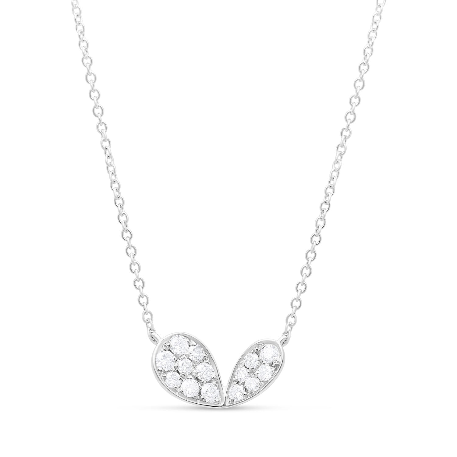Faith Jewels 18k white gold necklace with a mini pavé diamond lily petal motif (0.30ct); adjustable chain length of 45cm or 40cm