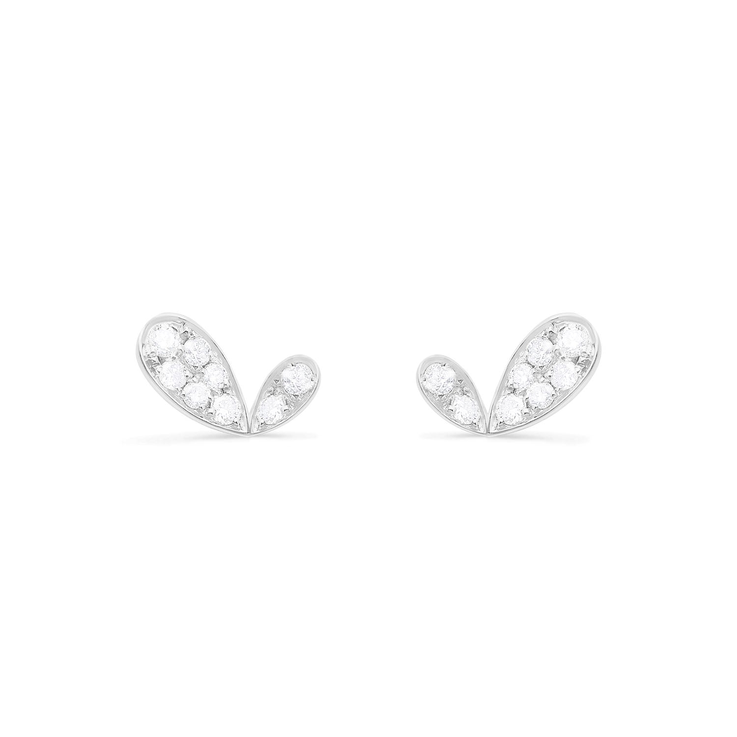 Faith jewels Diamond mini pavé white gold stud earrings in a stylized petal design, evoking hearts, butterflies, or wings