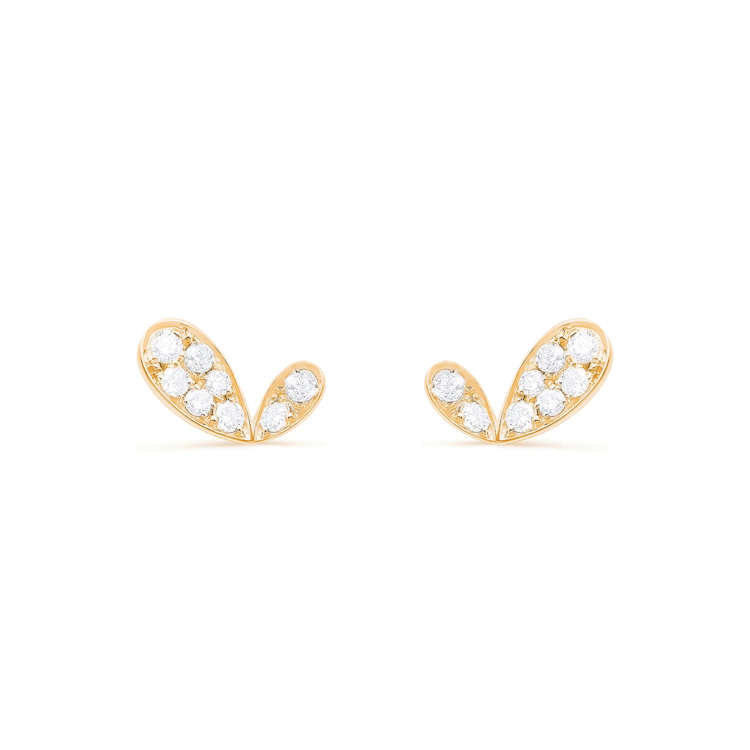 Faith jewels Diamond mini pavé yellow gold stud earrings in a stylized petal design, evoking hearts, butterflies, or wings