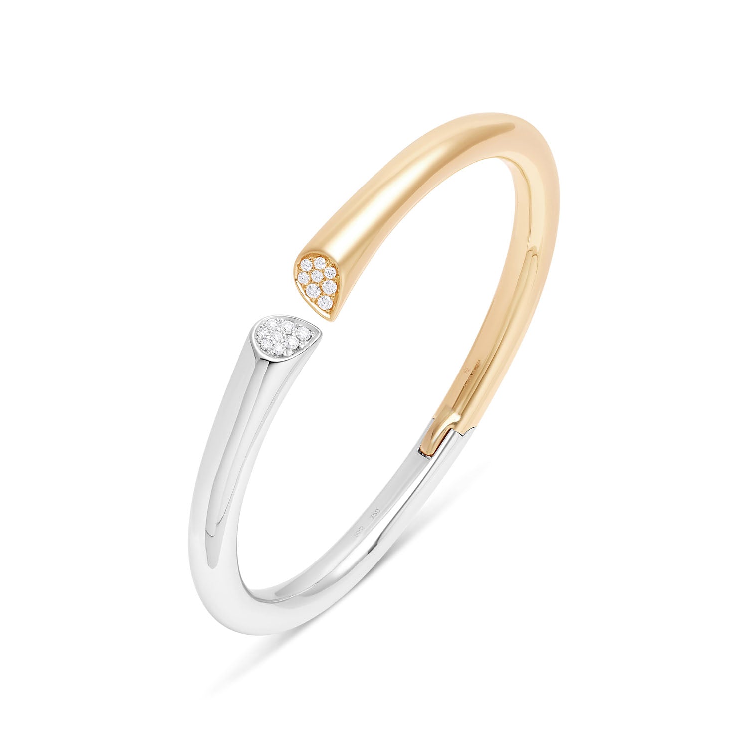 Faith Jewels Two-tone 18k gold bangle with 0.20ct pavé diamonds, featuring a heart-shaped lily petal design and hinge closure