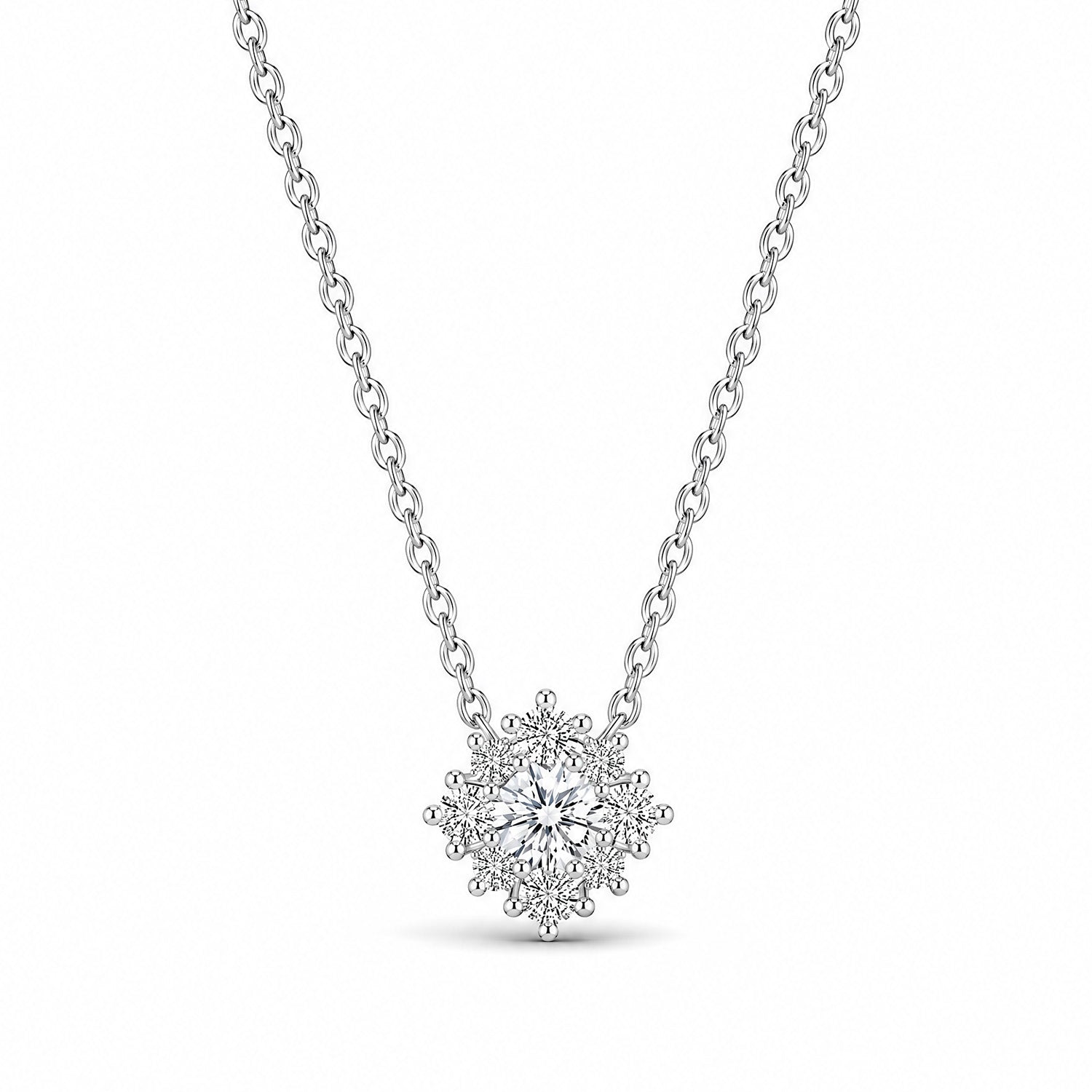 Mini snowflake diamond pendant necklace white gold, round diamond cluster snowflake design elegant everyday fine jewellery