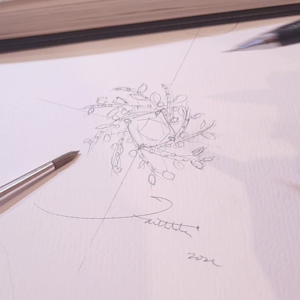 Sketch of Faith Jewels Eden ring being hand sketched by our designer, Faith