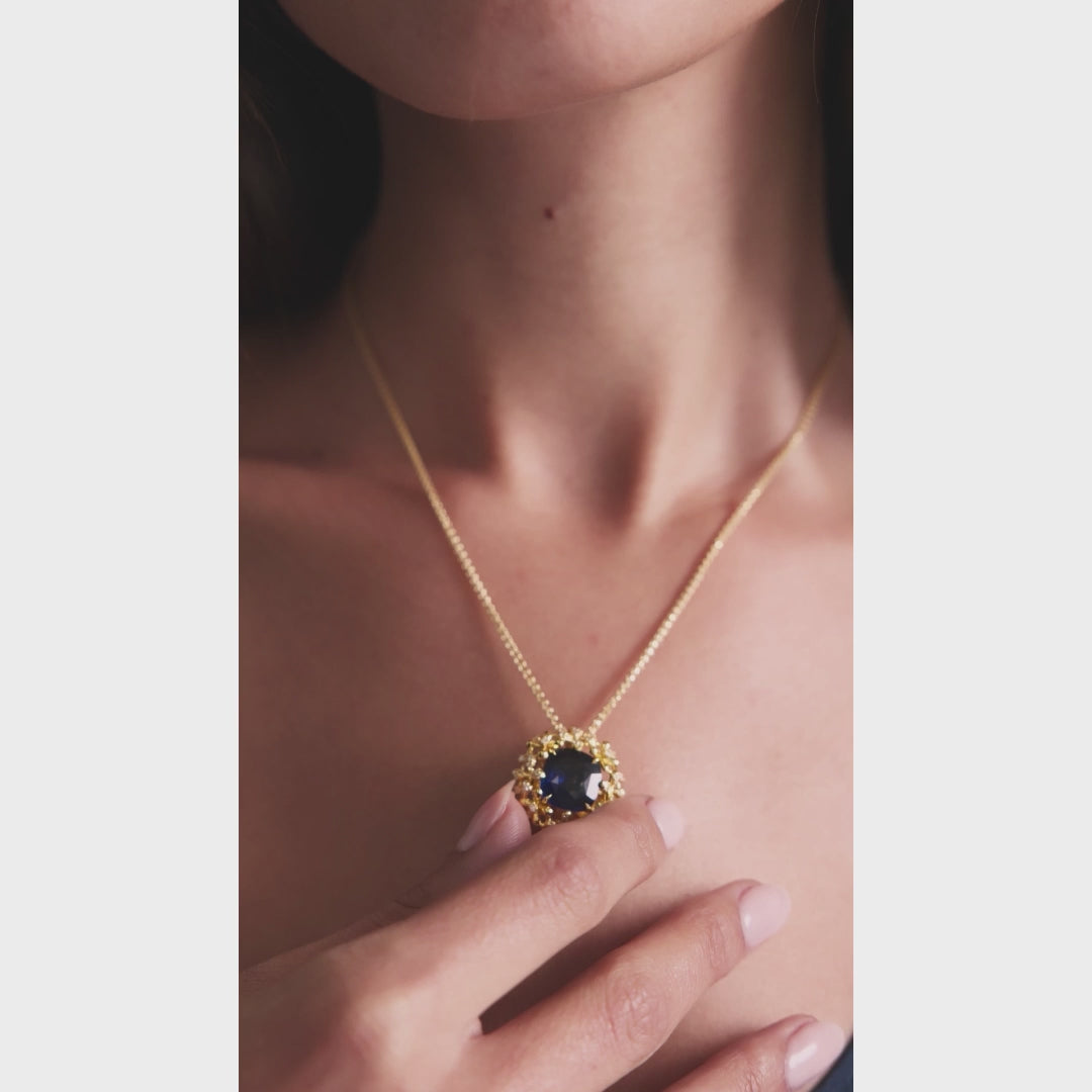 Yellow gold Grandiflora set with a detachable sapphire, diamond floral wreath pendant on a 45cm chain